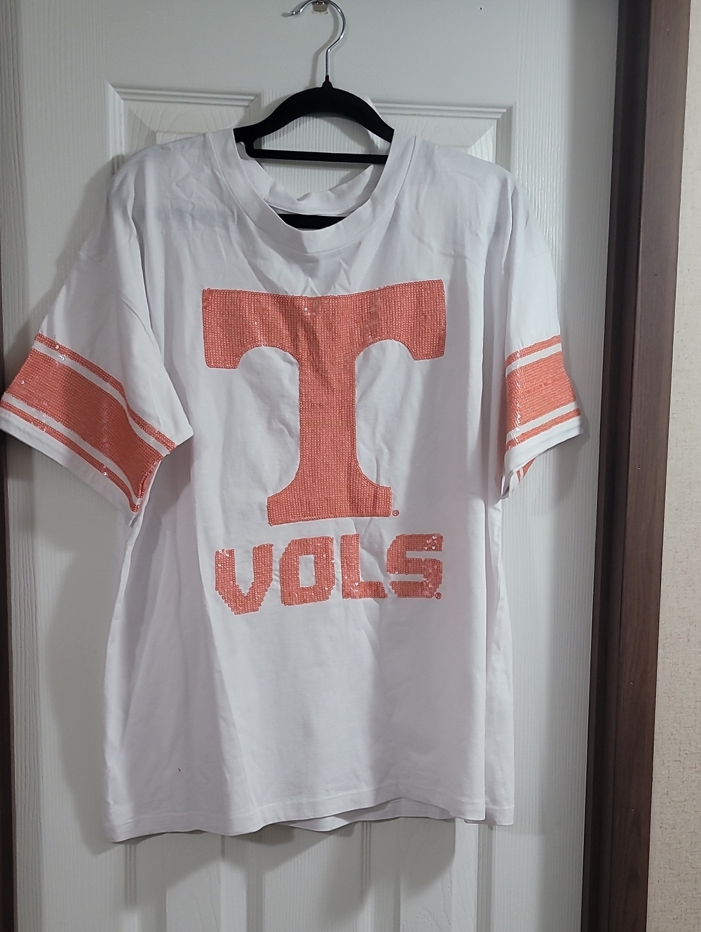 Stewart Simmons White Sequin 'T' Vols Tee with Orange Accents